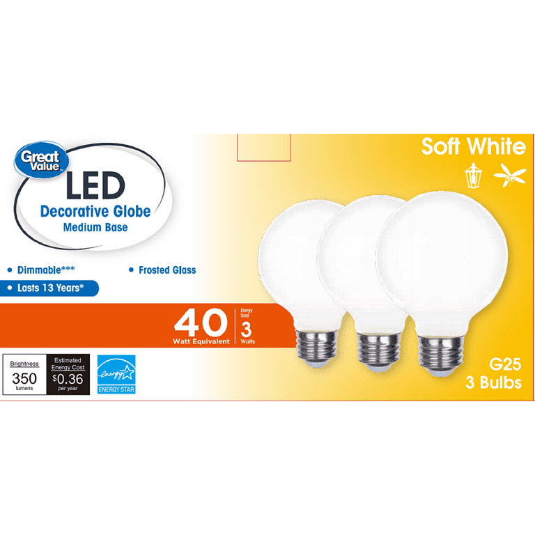 Tomaat Trein bioscoop Great Value LED Bulb, 3-Watt (40W Equivalent) G25 Deco Bulbs E26 Base, Soft White, 3-Pack, CA - Walmart.com Tomaat Trein bioscoop Great Value LED Bulb, 3-Watt (40W Equivalent) G25 Deco Bulbs E26 Base, Soft White, 3-Pack, CA - Walmart.com