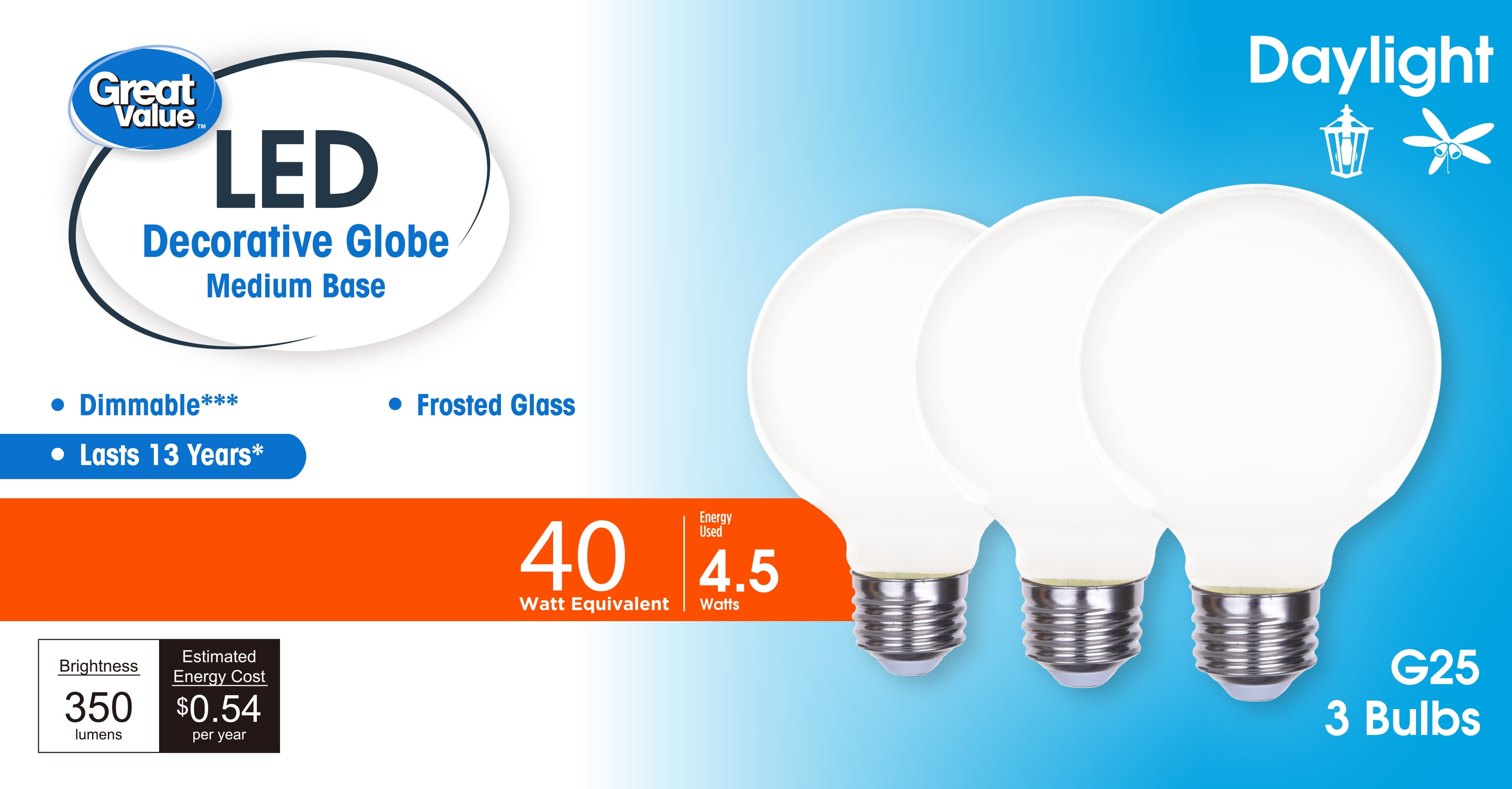 Great Value LED Bulb, 4.5-Watt (40W Equivalent) G25 Deco Bulbs E26 Base, Daylight, 3-Pack, CA
