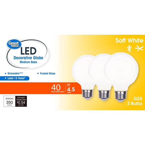 Great Value LED G25 Globe Bulbs, 4.5W, 40W Equivalent, E26 Medium Base, Soft White, 3-Pack, CA