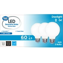 Great Value LED Bulb, 4.5-Watt (60W Equivalent) G25 Deco Bulbs E26 Base, Daylight, 3-Pack