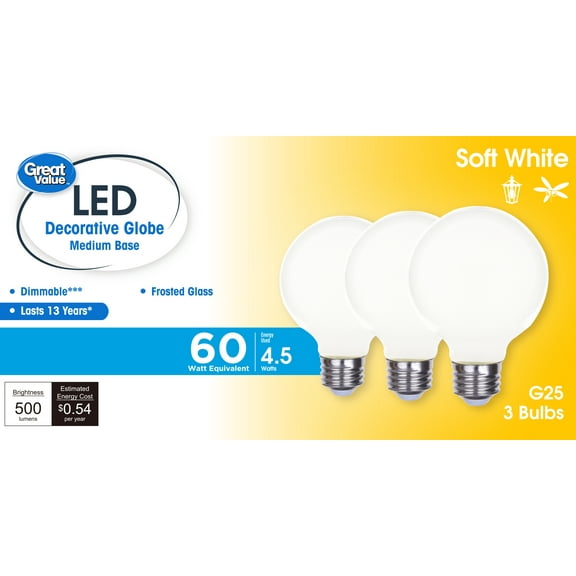Great Value LED Bulb, 4.5-Watt (60W Equivalent) G25 Deco Bulbs E26 Base, Soft White, 3-Pack