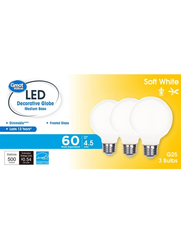 Great Value LED Bulb, 4.5-Watt (60W Equivalent) G25 Deco Bulbs E26 Base, Soft White, 3-Pack