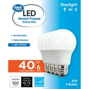 Great Value LED Bulb, 6W (40W Equivalent) 18Y, A19, E26 Base, Non-dimmable, Daylight, 18Y, 4-Pack