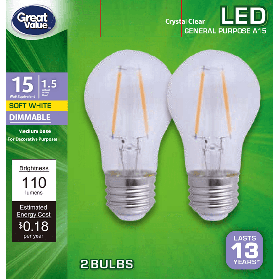 Great Value LED Ceiling Fan Bulb, 1.5-Watt (15W Eqv.) A15 Shape ...