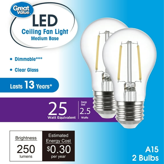 Great Value LED Ceiling Fan Bulb, 2.5-Watt (25W Eqv.) A15 Shape E26 Base Daylight, 2 Pack