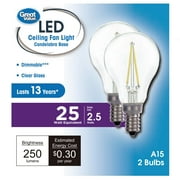 Great Value LED Ceiling Fan Bulb, 2.5W (25W Equivalent) Daylight, A15 with E12 Base Dimmable, Clear, 2PK