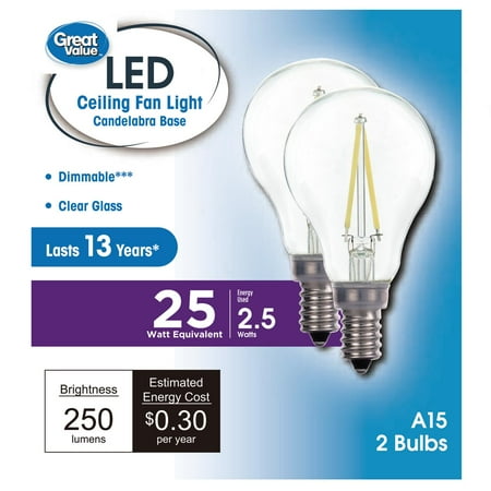 Great Value LED Ceiling Fan Bulb, 2.5W (25W Equivalent) Daylight, A15 with E12 Base Dimmable, Clear, 2PK