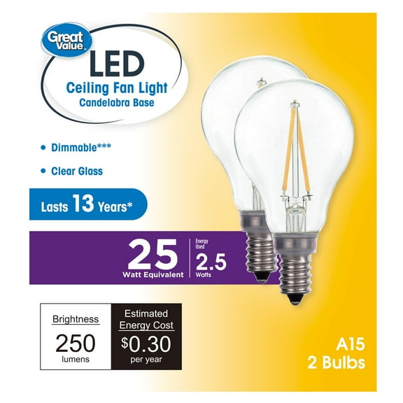 Great Value A15 LED 2.5W (25W Equivalent) Soft White E12 Candelabra Base Ceiling Fan Light Bulbs, Dimmable, 2 Pack