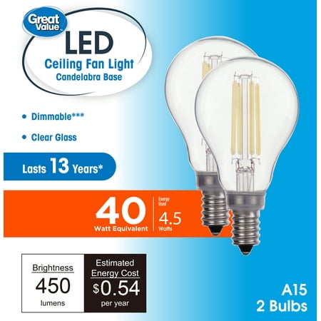 Great Value LED Ceiling Fan Bulb, 4.5-Watt (40W Eqv.) A15 Shape E12 Base Daylight, 2 Pack