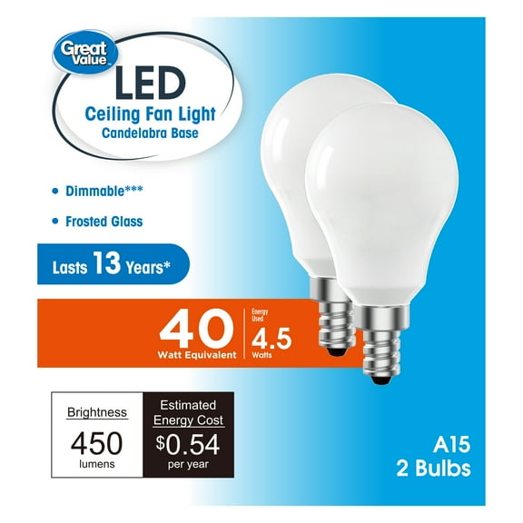 Great Value LED Ceiling Fan Bulb 4.5W (40W Equivalent) Daylight , A15 with E12 Base Dimmable, 2PK