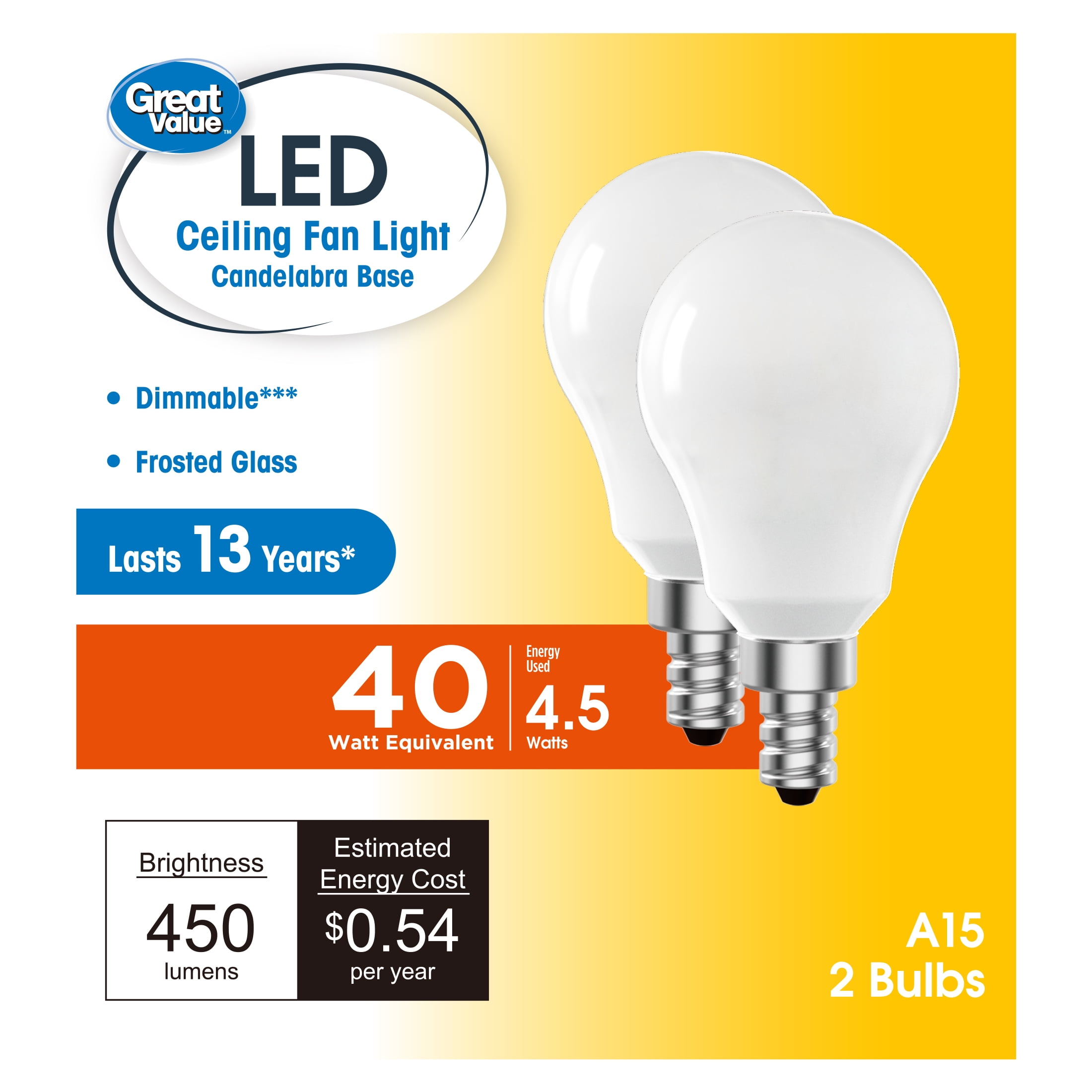 Great Value LED Ceiling Fan Bulb 4.5W(40W Equivalent) Soft White A15 with E12 Base Dimmable, 2PK