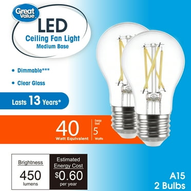 Great Value LED Ceiling Fan Bulb, 5-Watt (40W Eqv.) A15 Shape E26 Base Daylight, 2 Pack CA