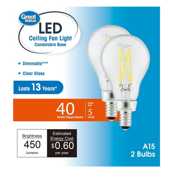 Great Value LED Ceiling Fan Bulb 5W (40W Equivalent) Daylight A15 with E12 Base Dimmable, 2 Pack CA