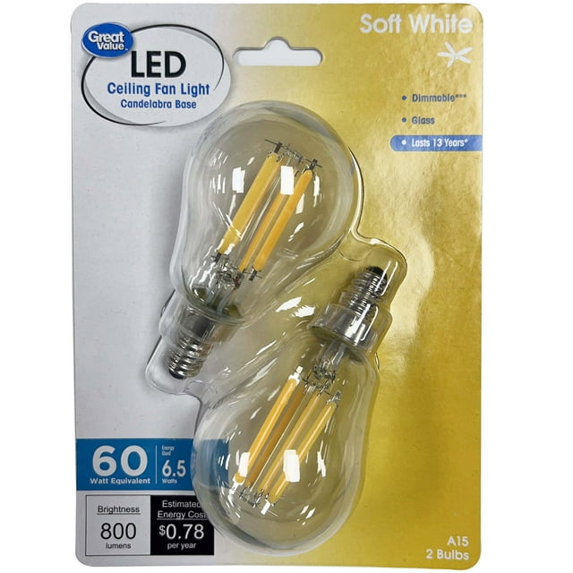 Great Value LED Ceiling Fan Bulb, 6.5Watt (60W Eqv.) A15 Shape E12
