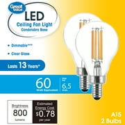 Great Value A15 LED 6.5W (60W Equivalent) Soft White E12 Candelabra Base Ceiling Fan Light Bulbs, Dimmable, 2 Pack