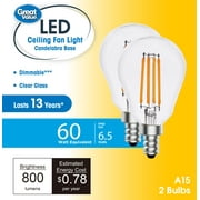 Great Value LED Ceiling Fan Bulb, 6.5-Watt (60W Eqv.) A15 Shape E12 Base Soft White, 2 Pack