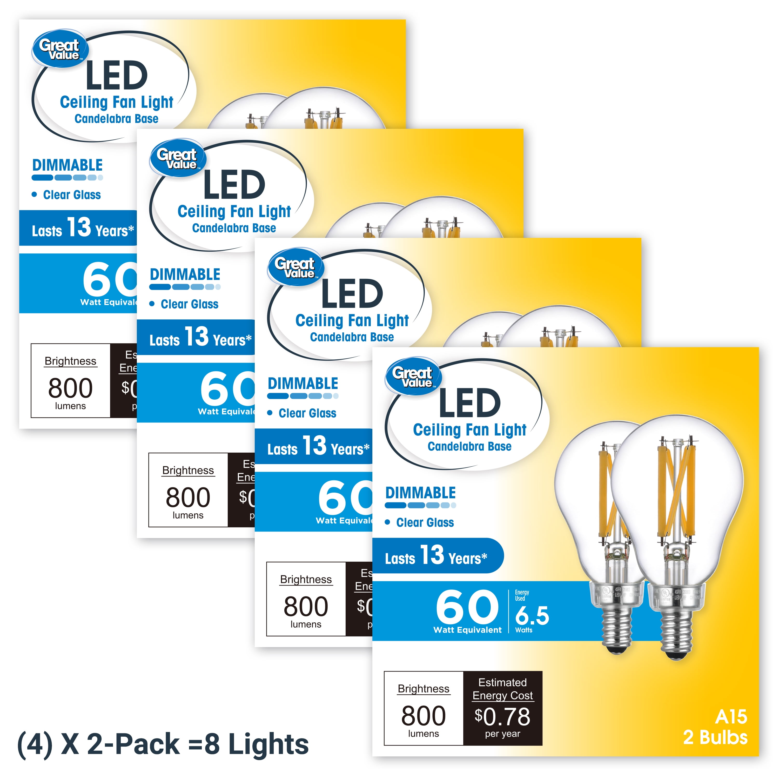 Great Value A15 LED Ceiling Fan Bulb, 6.5-Watt (60W Equivalent) Dimmable Soft White E12 Base, 8 Pack
