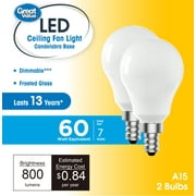 Great Value LED Ceiling Fan Bulb, 7-Watt (60W Equivalent) A15 with E12 Base Soft White, 2 Pack