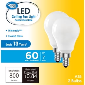 Great Value LED Ceiling Fan Bulb, 7-Watt (60W Equivalent) A15 with E12 Base Soft White, 2 Pack