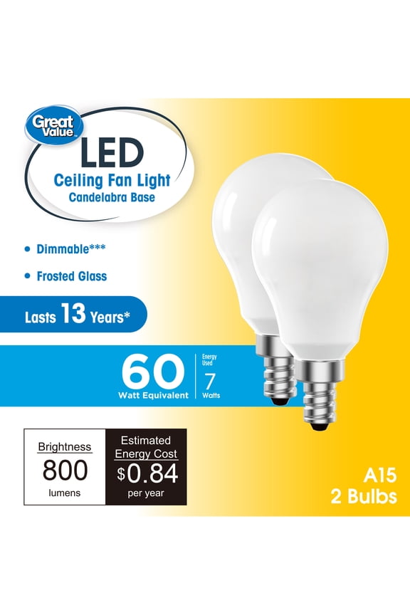 LED Ceiling Fan Bulb, 7-Watt (60W Equivalent) A15 with E12 Base Soft White, 2 Pack