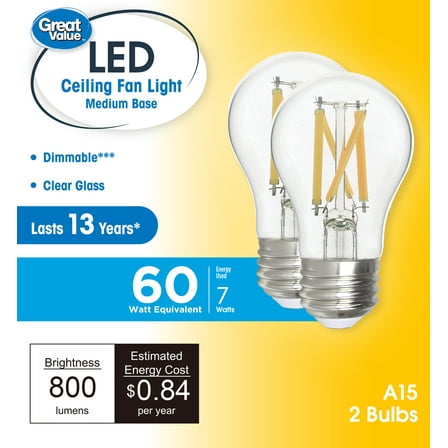 Great Value LED Ceiling Fan Bulb, 7-Watt (60W Equivalent) A15 with E26 Base Soft White, 2 Pack