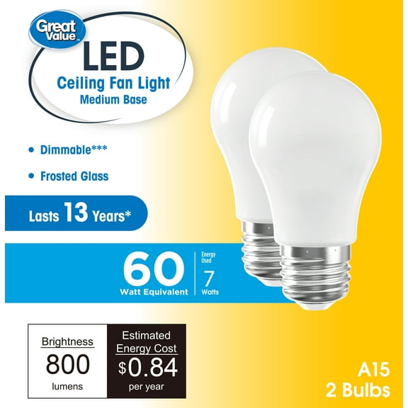 Great Value LED Ceiling Fan Bulb, 7-Watt (60W Equivalent) A15 with E26 Base Soft White, 2 Pack