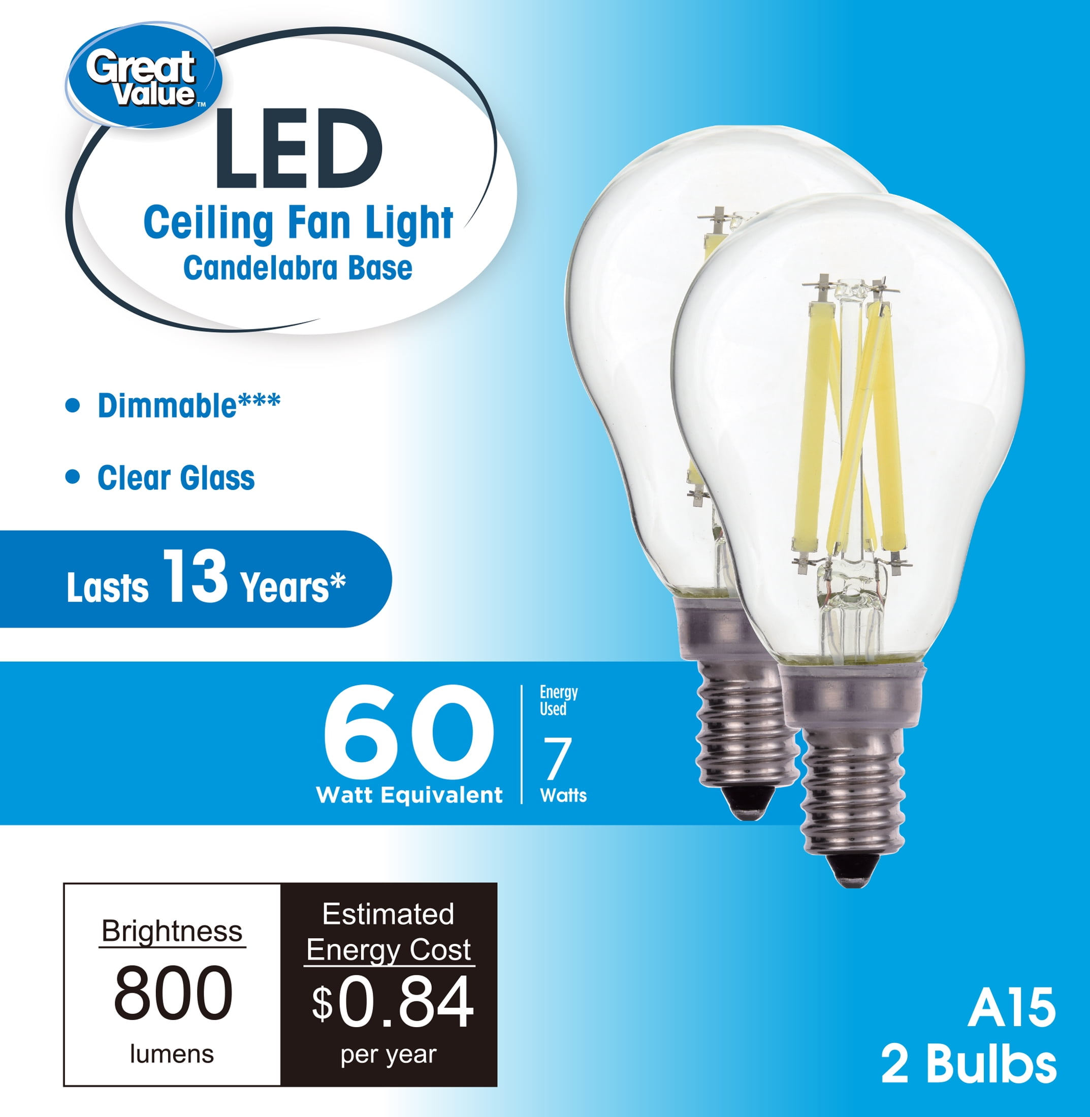 Great Value LED Ceiling Fan Bulb, 7-Watt (60W Eqv.) A15 Shape E12 Base Daylight, 2 Pack