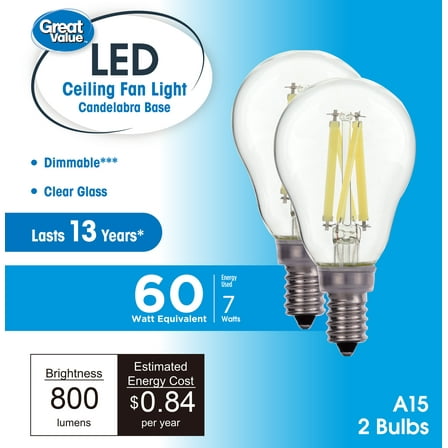 Great Value LED Ceiling Fan Bulb, 7-Watt (60W Eqv.) A15 Shape E12 Base Daylight, 2 Pack