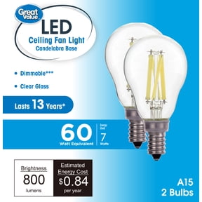 Great Value LED Ceiling Fan Bulb, 7W (60W Equivalent), A15 Shape, E12 Candelabra Base, Daylight, 2 Pack