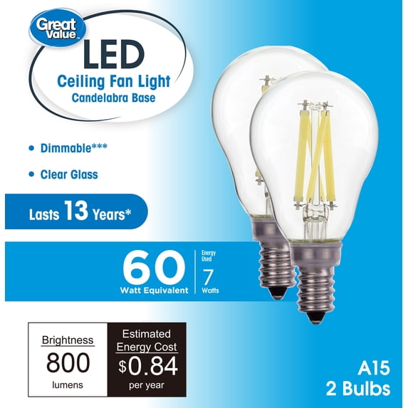 Great Value LED Ceiling Fan Bulb, 7-Watt (60W Eqv.) A15 Shape E12 Base Daylight, 2 Pack