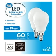 Great Value LED Ceiling Fan Bulb 7W (60W Equivalent) Daylight, A15 with E12 Base Dimmable, 2PK