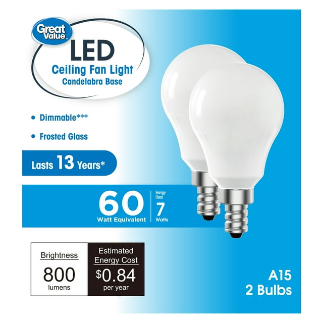 Great Value LED Ceiling Fan Bulb 7W (60W Equivalent) Daylight, A15 with E12 Base Dimmable, 2PK