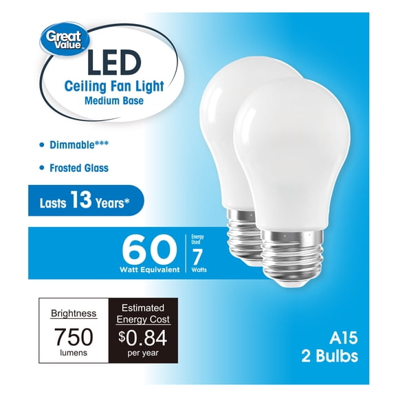 Great Value A15 LED 7W (60W Equivalent) Daylight E26 Medium Base Ceiling Fan Light Bulbs, Dimmable, 2 Pack