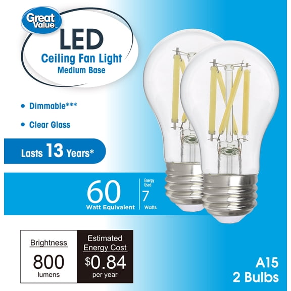 Great Value LED Ceiling Fan Bulb, A15, E26 Medium Base, Daylight 5000K, 6.5W (60W Equivalent), 2 Pack