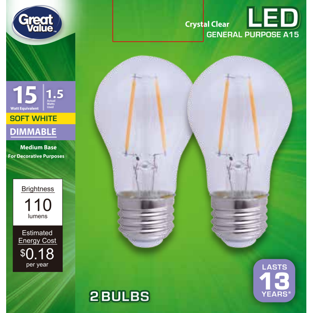 Great Value LED Ceiling Fan Bulb, 1.5Watt (15W Eqv.) A15 Shape E26