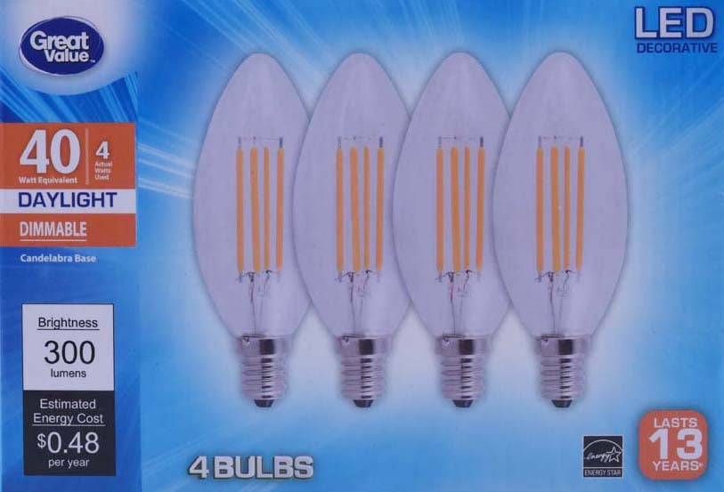Great Value LED Decorative 4 Watts Daylight Candelabra Base Bulbs, 4 count
