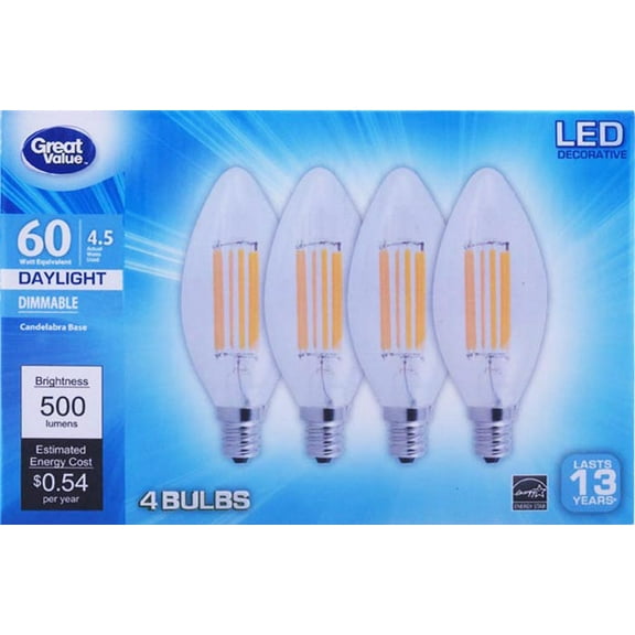 Great Value LED Decorative Dimmable Bulbs, 4.5W (60W Equivalent), Daylight, 4 Count