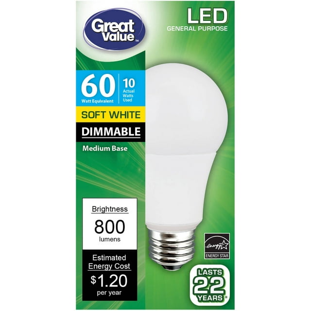 Great Value LED Dimmable A19 (E26) Light Bulb, 10W (60W Equivalent), Soft White