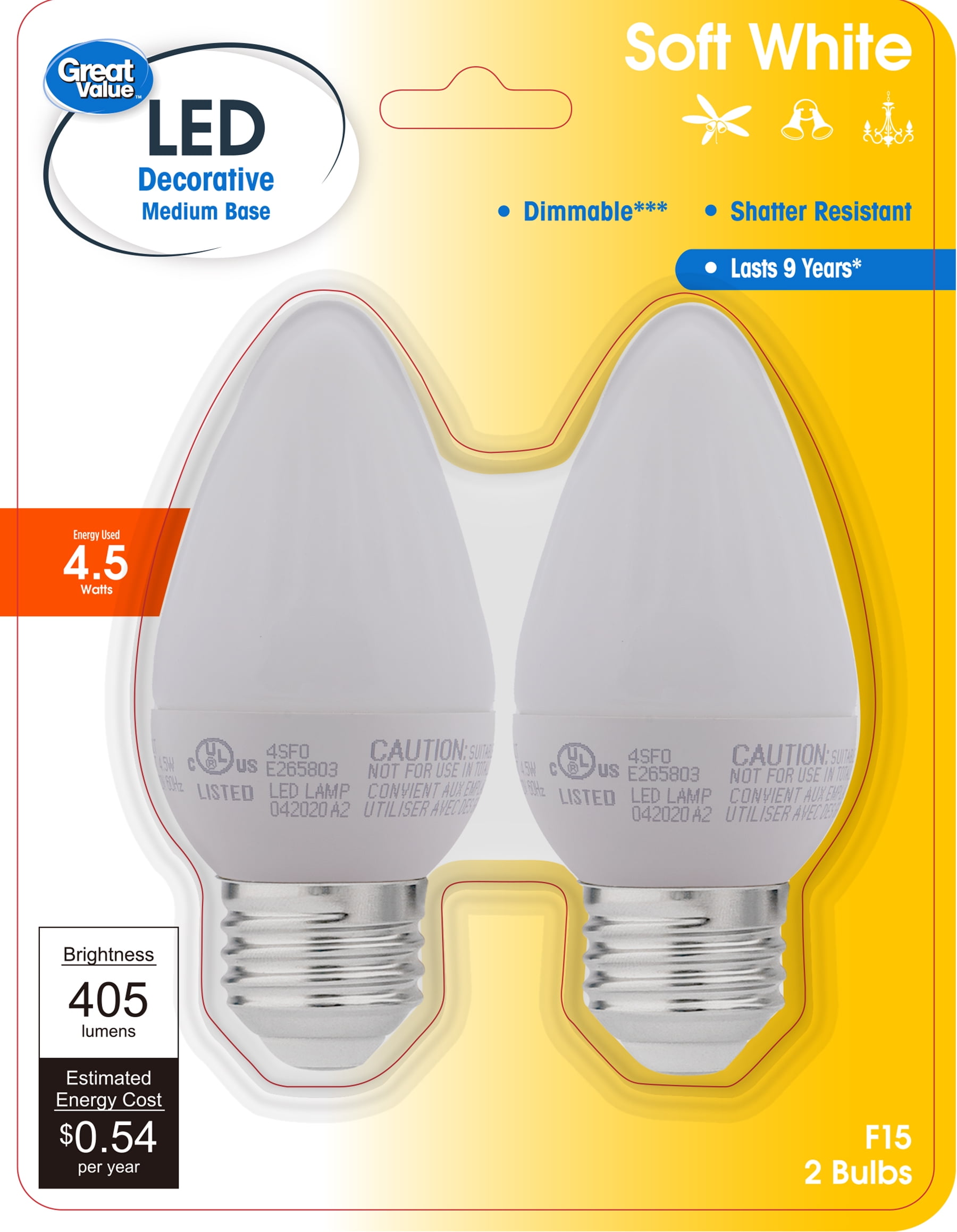 Great Value LED F15 4.5W(40W Equiv) Soft White Decorative Candle Light Bulbs,Dimmable E26,2 Pack CA