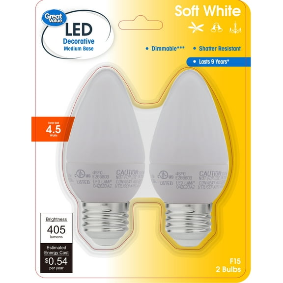 Great Value LED F15 4.5W(40W Equiv) Soft White Decorative Candle Light Bulbs,Dimmable E26,2 Pack CA