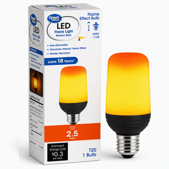 Great Value T20 Cylinder Flame Effect LED Light Bulb, 4-Watt, Black, E26 Medium Base, 1-Pack
