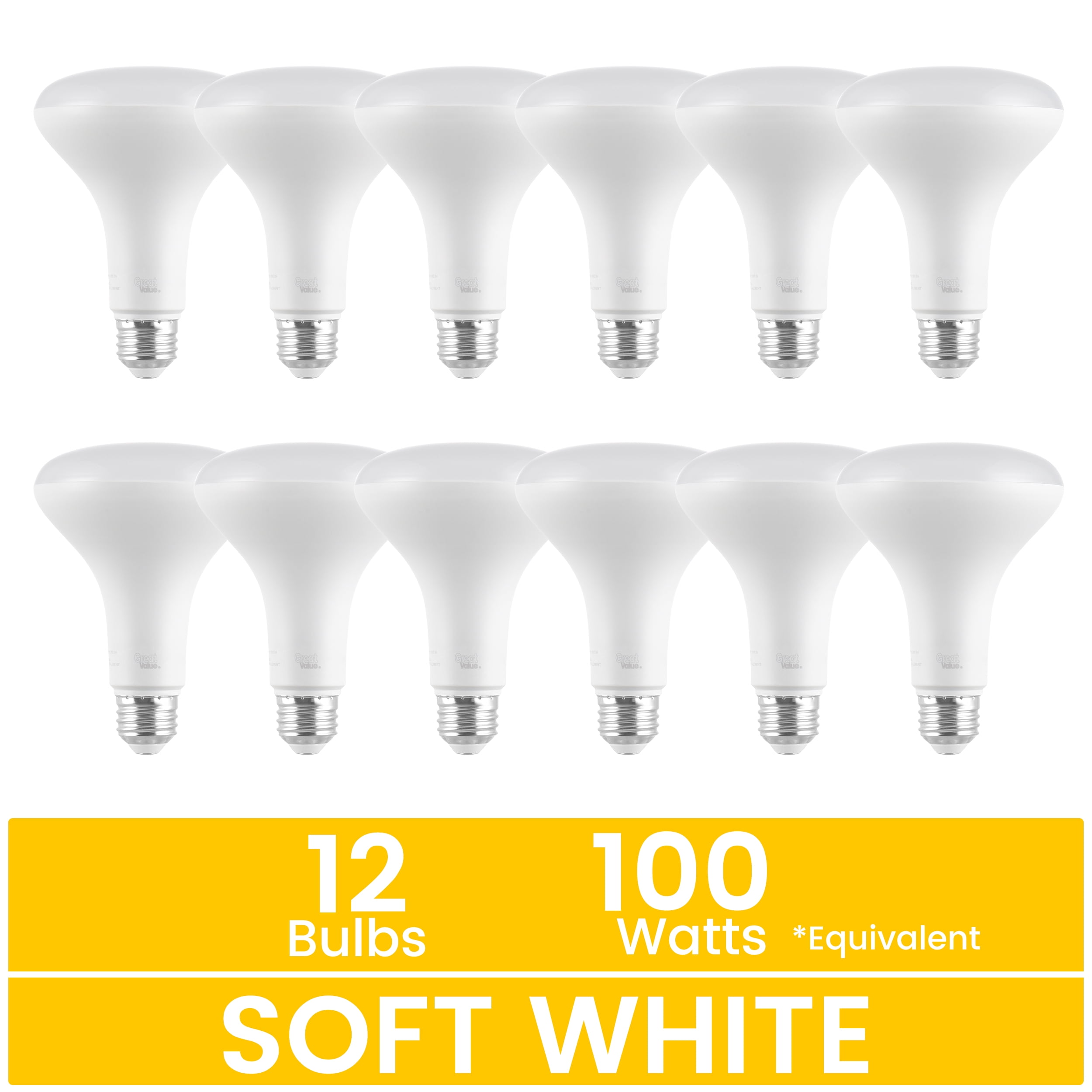 Great Value LED Floodlight Bulb, 14W (100W Equivalent) Softwhite BR30 with E26 Base, Dimmable, 12PK