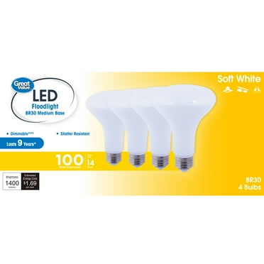 Great Value BR30 LED Floodlight Bulb, 14-Watt (100W Equivalent) Dimmable Soft White E26 Base, 4 Pack
