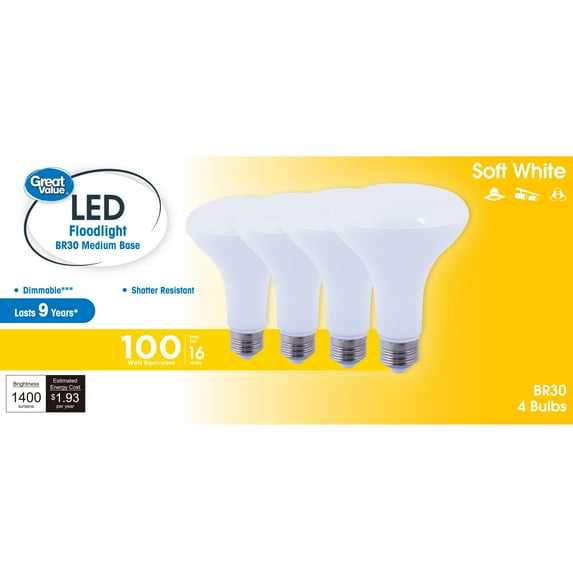 Great Value LED Floodlight Bulb, 16W(100W Equivalent) Soft White BR30 with E26 Base, Dimmable, 4PK