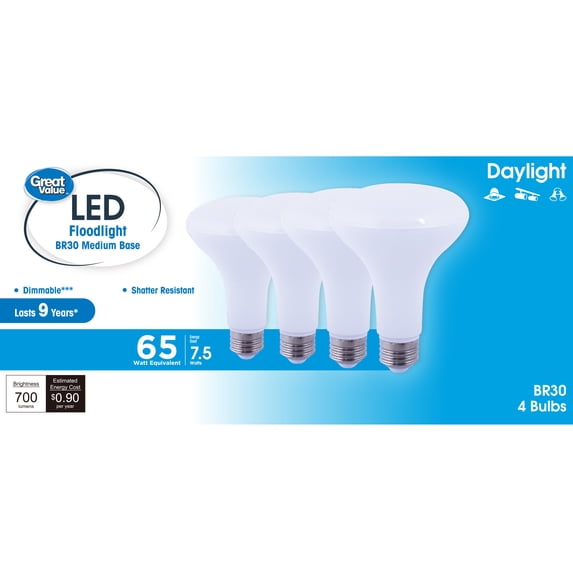 Great Value LED Floodlight Bulb, 8W(65W Equivalent) Daylight BR30 with E26 Base, Dimmable, 4PK