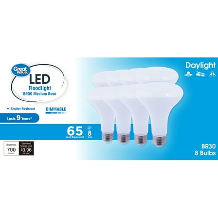 Great Value BR30 LED Floodlight Bulb, 8-Watt (65W Equivalent) Dimmable Daylight E26 Base, 8 Pack