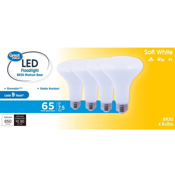 Great Value LED Floodlight Bulb, 8W(65W Equivalent) Soft White BR30 with E26 Base, Dimmable, 4PK