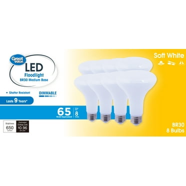 Great Value BR30 LED Floodlight Bulb, 8-Watt (65W Equivalent) Dimmable Soft White E26 Base, 8 Pack