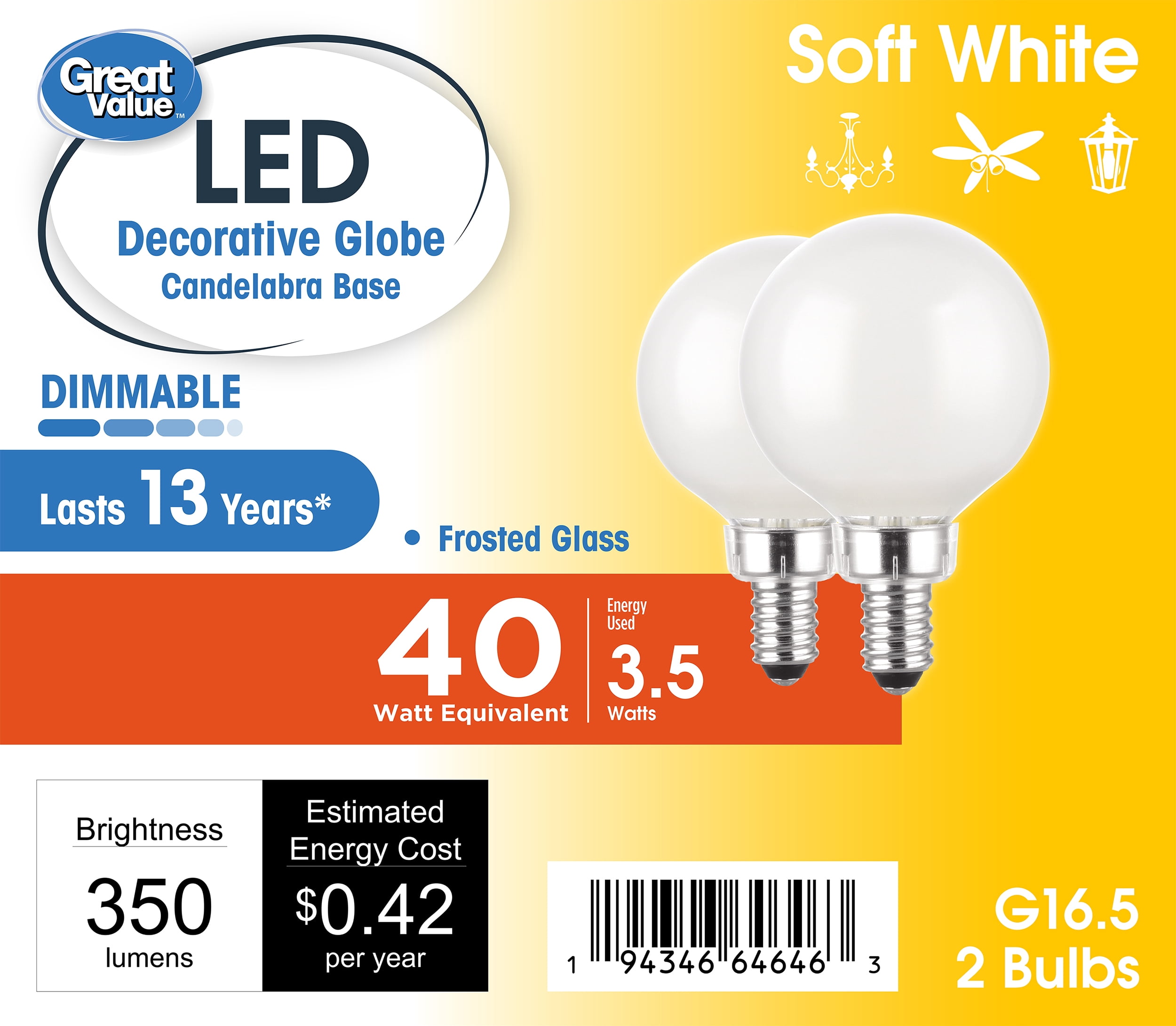 Great Value G16.5 Decorative LED Light Bulb, 3.5-Watt (40W Equivalent) Softwhite, Dimmable, E12 Base (2 Pack)