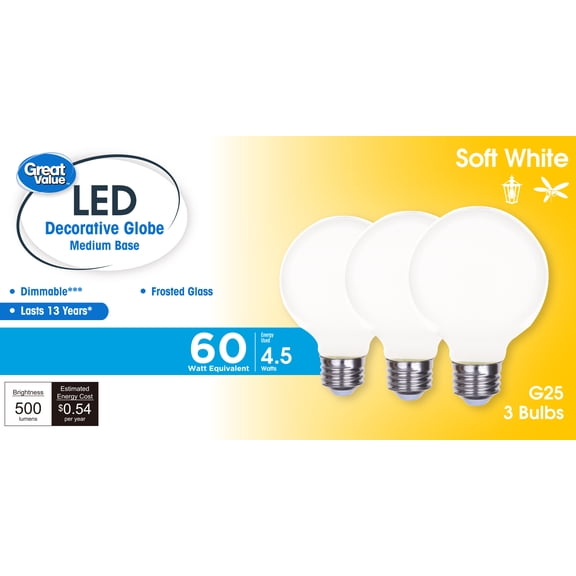 Great Value LED G25 Globe Bulb, 4.5W (60W Equivalent), E26 Base, Soft White, 3-Pack